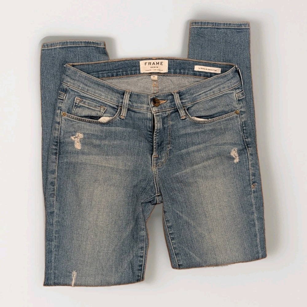 Quiet Luxury FRAME Le Skinny de Jeanne Crop Distressed Jeans 27 Blue